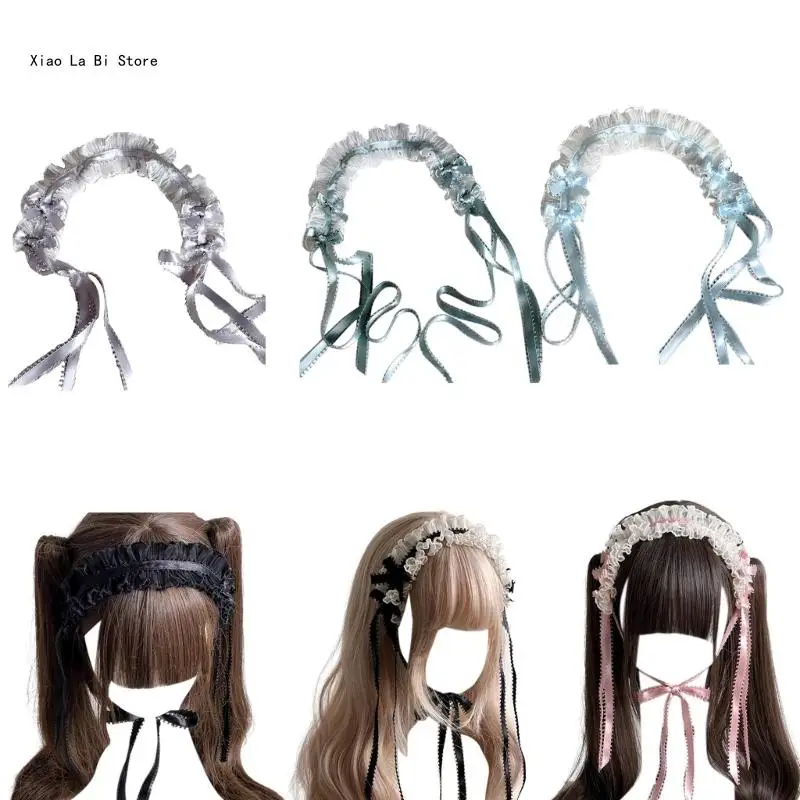 

Girls Ruffled Lace Ribbon Headwear Gothic Bow Lace Trim Subculture Headband Maid Flouncing Hair Ornaments XXFD