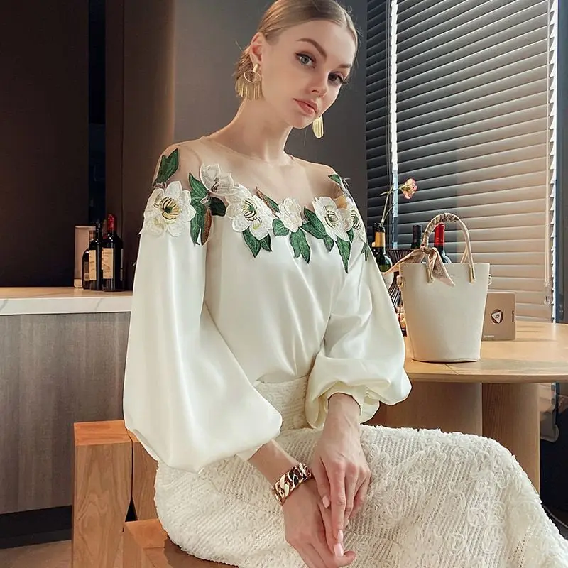 Vintage Embroidered Shirt Women Elegant Mesh Patchwork Satin Blouse O-neck Tops Spring Long Lantern Sleeve Female Fashion Shirts