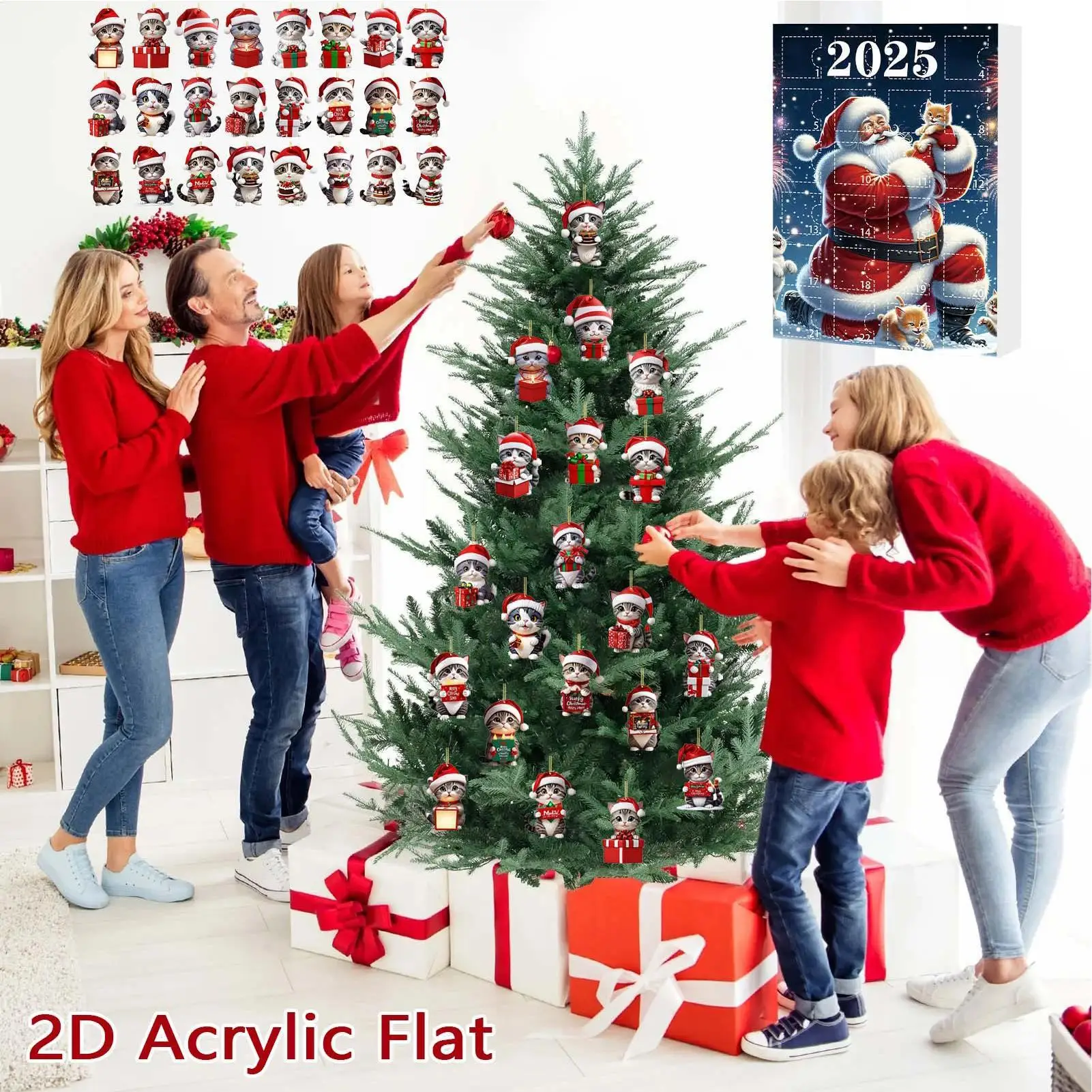 24 Day Cartoon Cat Ornaments Christmas Countdown Cute 2D Acrylic Kitten Decor Christmas Ornaments for Xmas Tree Party Decoration