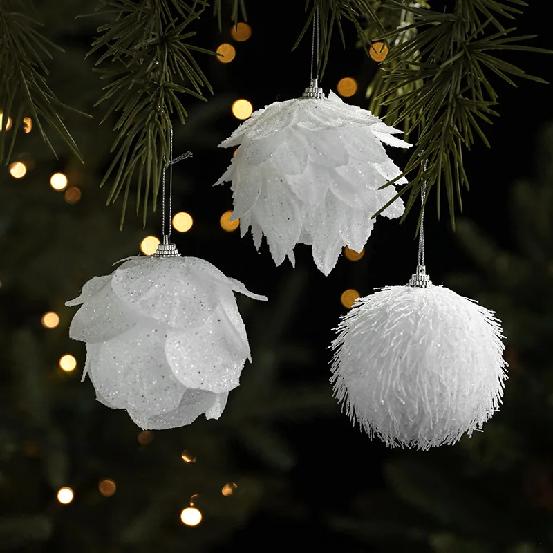 White Petal Foam Christmas Ball 7.2cm/8cm Diameter Frosted Glitter Ornament for Tree Decor Holiday Party Decoration Accessories