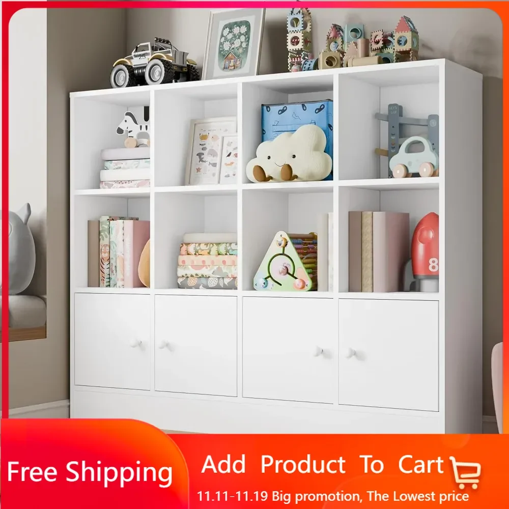 White Wood Bookcase,12 Cube Storage Organizer Bookshelf with 4 Doors,3 Tier Storage Cabinet with Adjustable Shelves for Bedroom