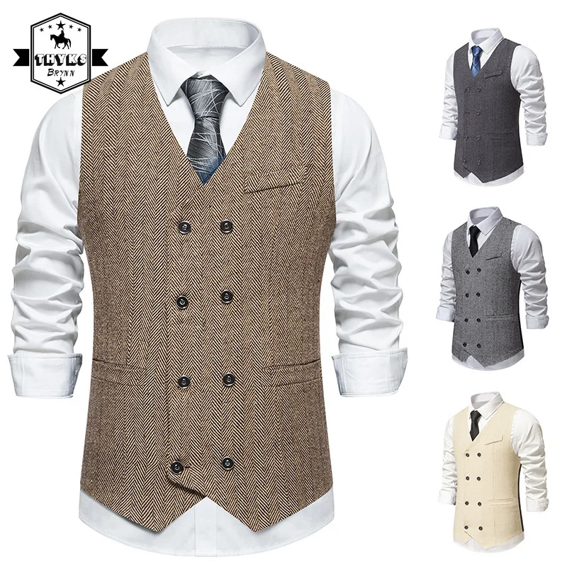 

Mens Retro Double Breasted Blended Suit Vest V-Neck Sleeveless Business Wedding Vest Male Solid Casual Formal Business Waistcoat