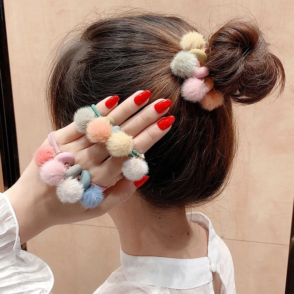 Colorful Pom Pom Balls Hair Ties Kids Girls Cute Elastic Beaded Hair Rope  Children Ponytail Holder Rubber Band Headwear - AliExpress