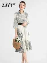 

ZJYT Runway Fashion Vintage Print Single Breasted Midi Shirt Dress Women Spring Summer 2022 Belt Casual Holiday Vestidos Lady