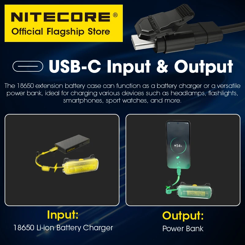 מארז סוללה מורחבת NITECORE 18650 סוללת ליתיום-יון מטען מוגבל בנק כוח עבור NU40 NU43 NU50 פנס ראש מסלול ריצה טיולים