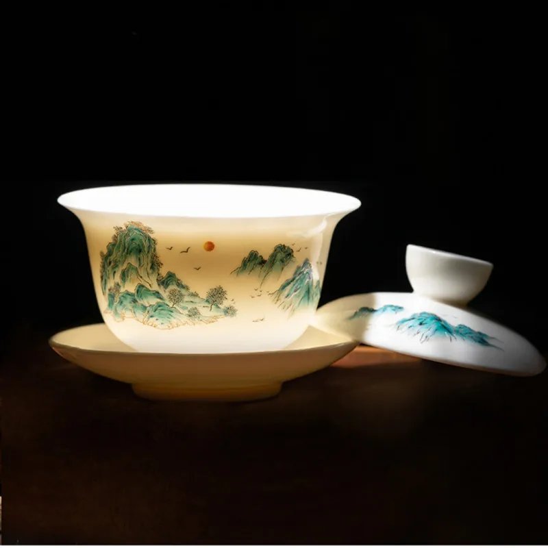 Hand-painted Ceramic Tea Tureen Chinese Portable Tea Maker Three-cai Gaiwan Home White Porcelain Tea Set with Cover Teacup 140ml