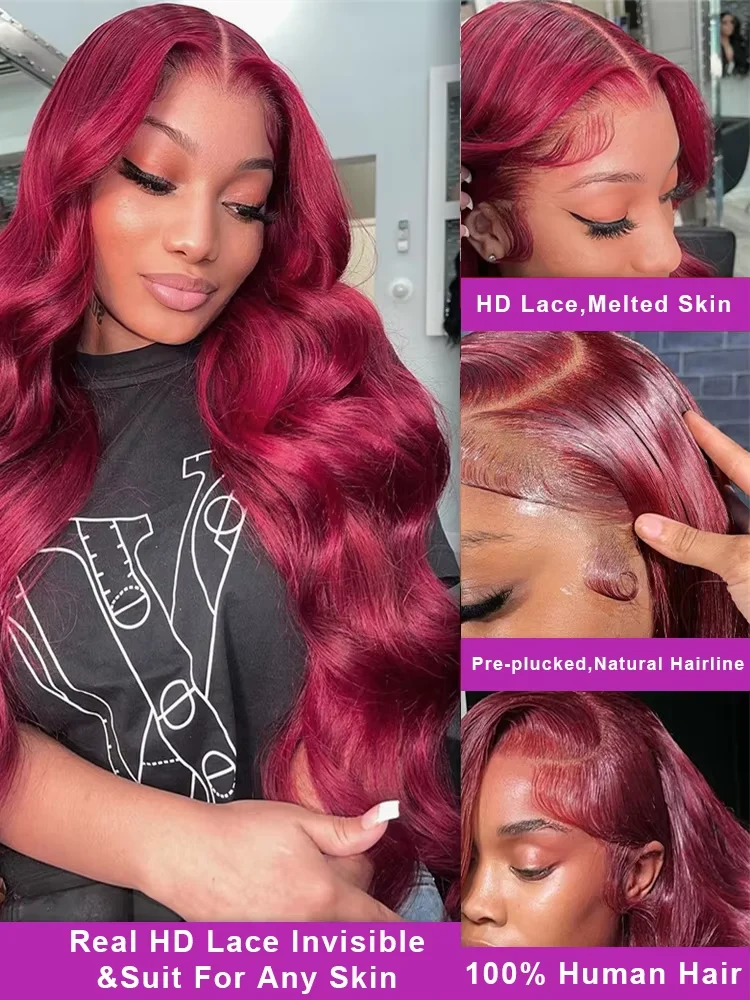 220 Density 99j Burgundy Lace Front Wig 13x6 Pre Pluck Transparent Lace Body Wave 13x4 Hd Layered Cut Human Hair Wig For Women