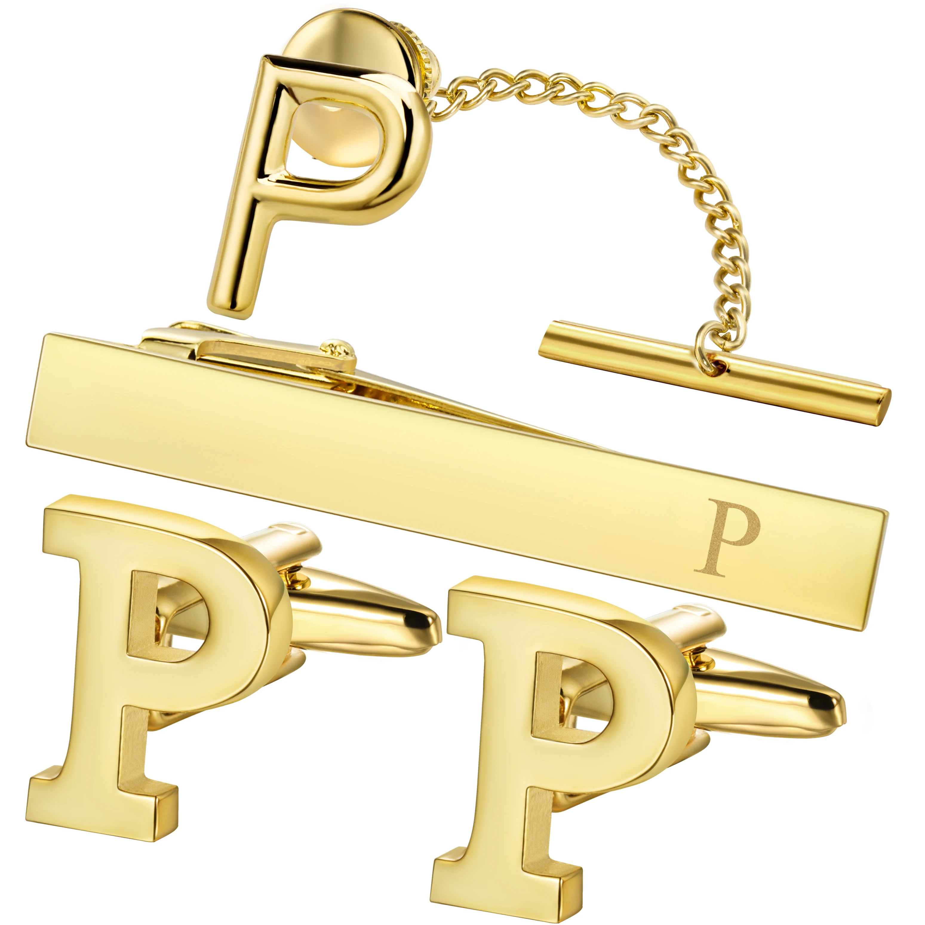 HAWSON (A-Z) Cufflinks for Men, Tie Clips for Boys, Tie Pin for Men, Gold Color Jewelry Set