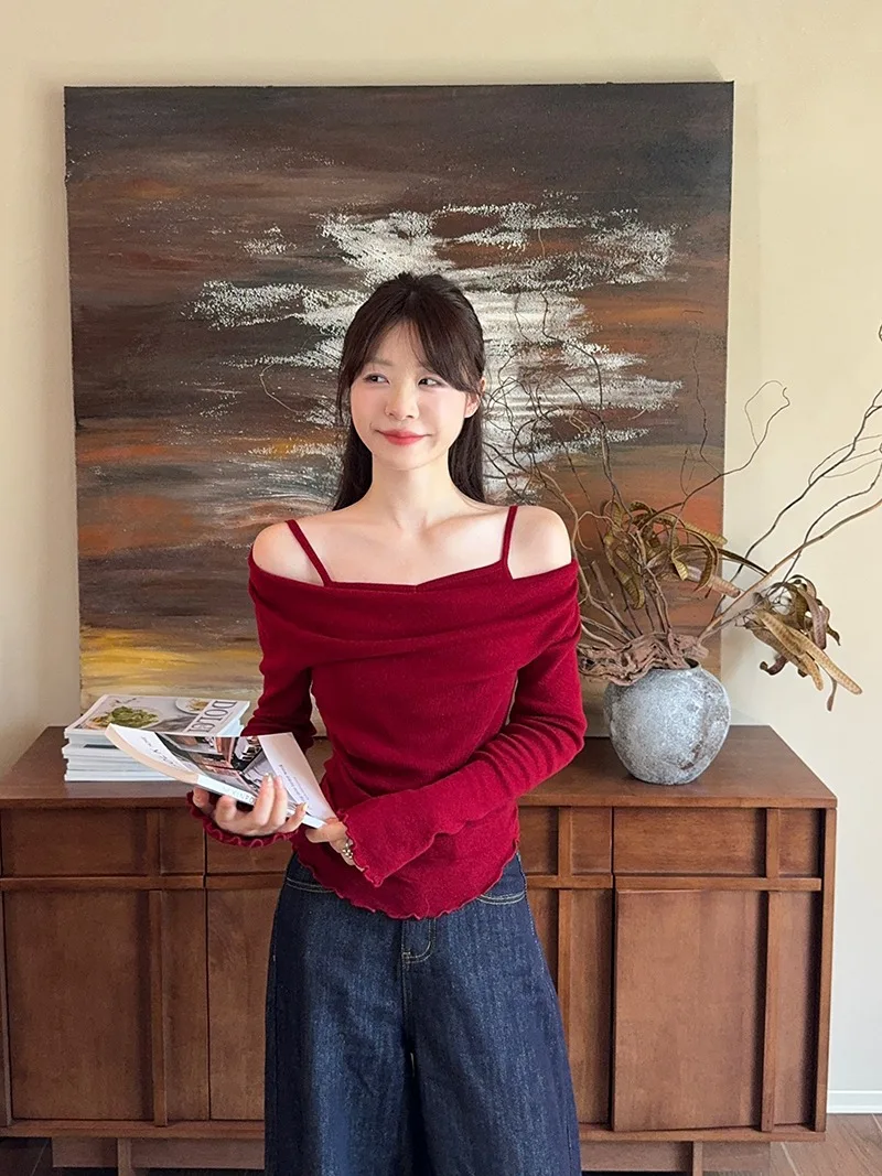 Fake Two-piece Off Shoulder Long Sleeve T-shirt Women's Sexy Slash Neck Flare Sleeve Base Shirt Top Autumn Casual Slim Fit Tops