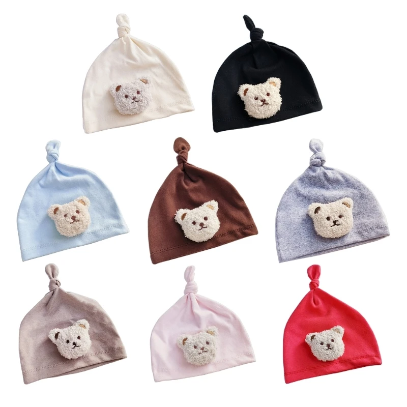 

Шапка-бини с мультяшным медведем, мягкая дышащая шапка с узлом, уютный головной убор для новорожденных P31B