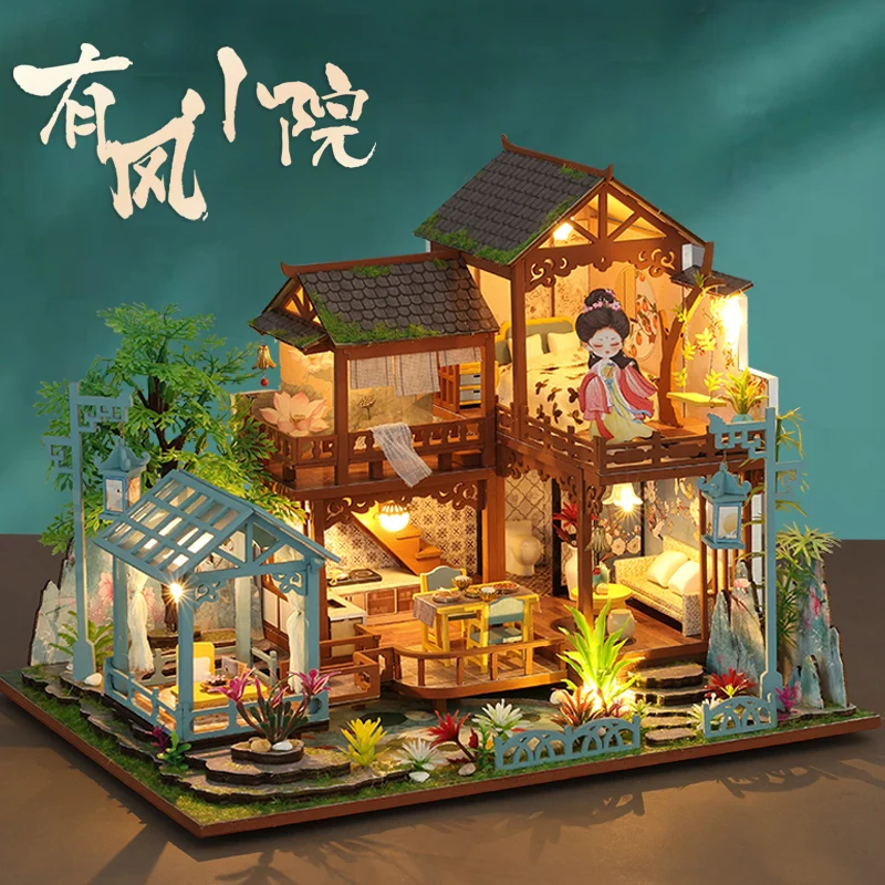 

Diy Dollhouse Chinese Courtyard Miniatures Wooden Doll House Kit with Furniture Lights Villa Garden Building Toy for Gift Ideas