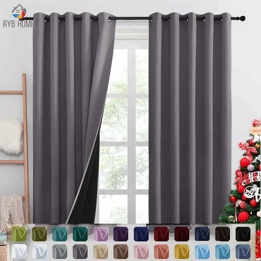 

RYB HOME 1PC Double Layer 100% Blackout Curtains Super Thick Insulated Complete Blackout Draperies with Black Liner For Living