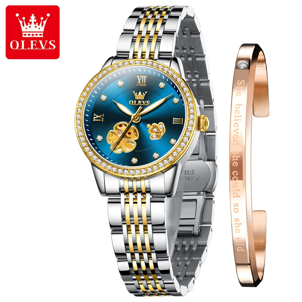 OLEVS Luxury Automatic Mechanical Watch for Women Stainless Steel Diamond Lap Hollow Out Flower Design Elegant Ladies Wristwatch