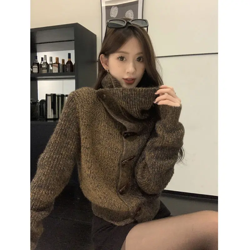 

Korea Turtleneck Knitted Cardigan Women's Autumn and Winter Lapel Button Thick Sweater Fashion Female Clothes Casual