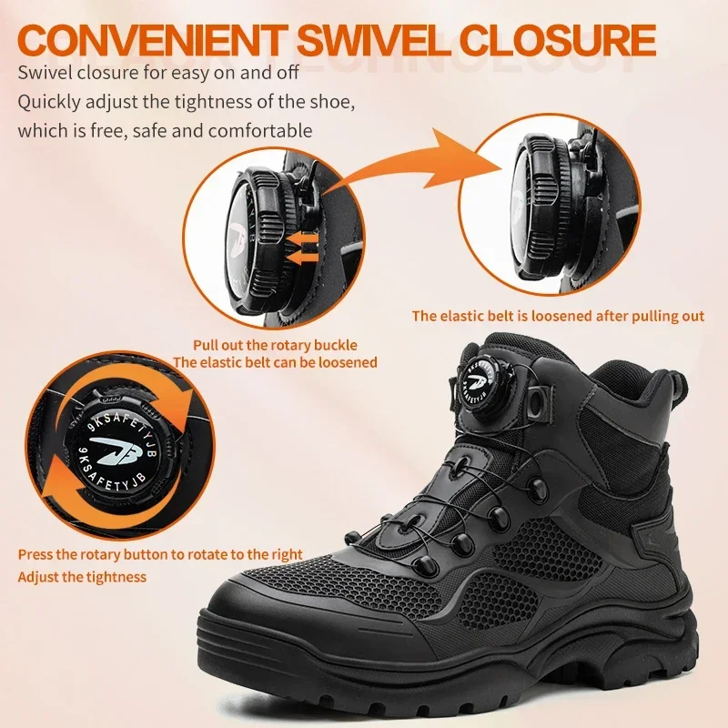 Rotary Buckle Work Boots Safety Steel Toe Shoes Men Breathable