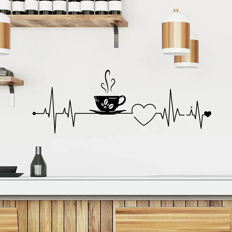 1pc Coffee Love Electrocardiogram Removable Waterproof Vinyl Wall Sticker Kitchen Living Room Coffee Shop Wall
