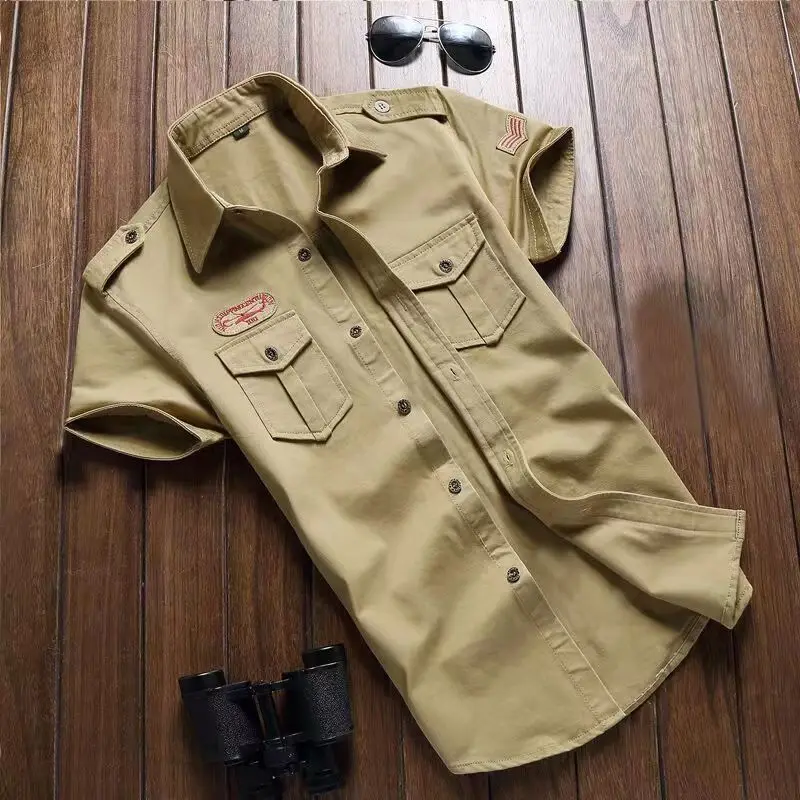 

Military Shirt Men's Shirts Casual Khaki Style Fashion Clothing Cotton Short Sleeve Retro Vintage 6XL Embroidery Drop Shipping