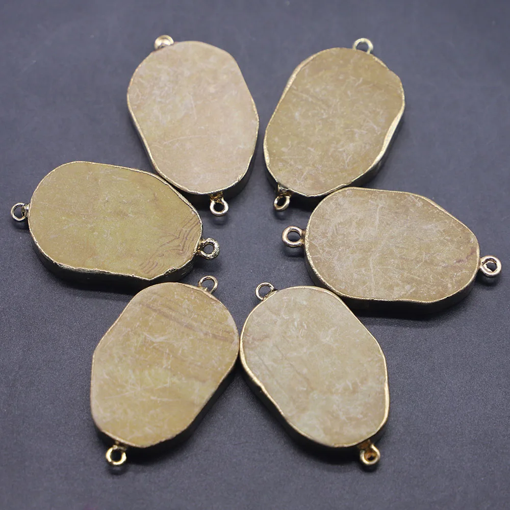 New Natural Stone Oval Pendants Connector Section Mineral Healing Silver Edge Necklace Charms Diy Fashion Jewelry Wholesale 6Pcs