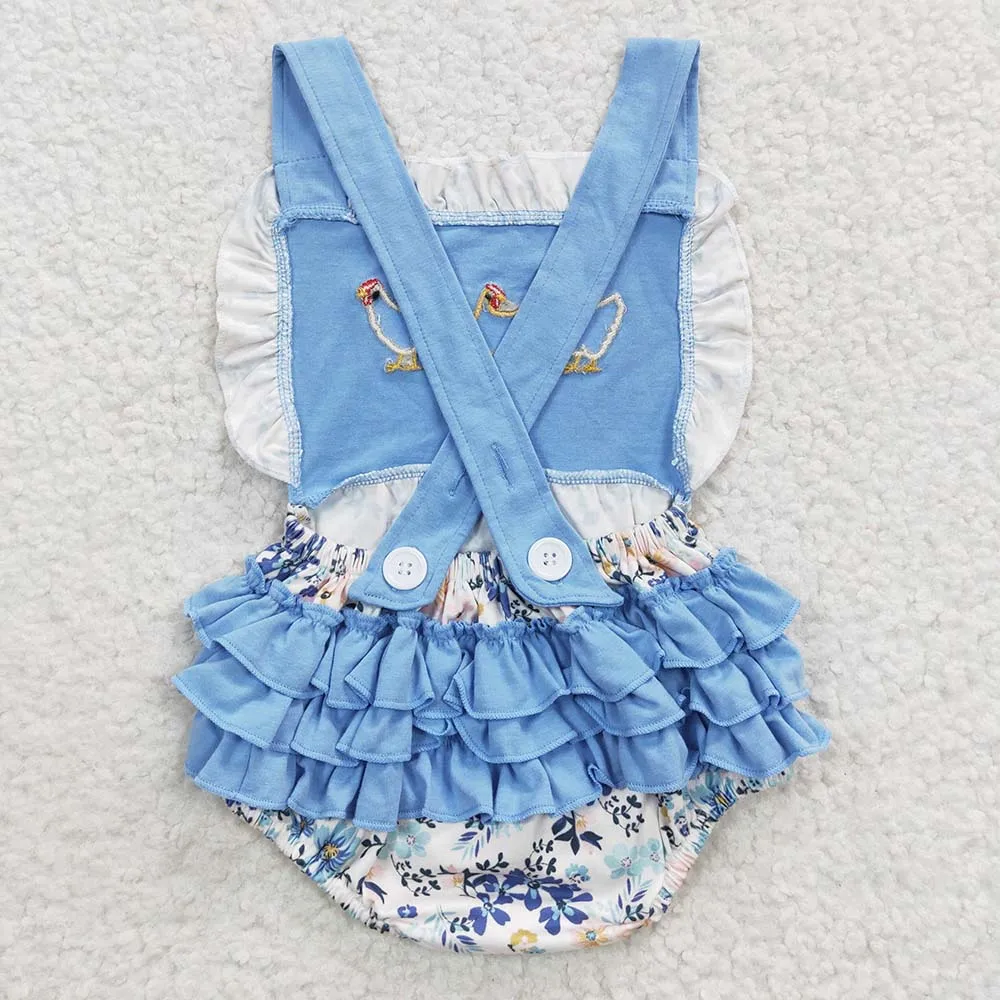 Wholesale Newborn Romper Floral Blue Jumpsuit Embroidery Chicken Toddler Kid Children Summer Matching Baby Boy Girl One-piece 5