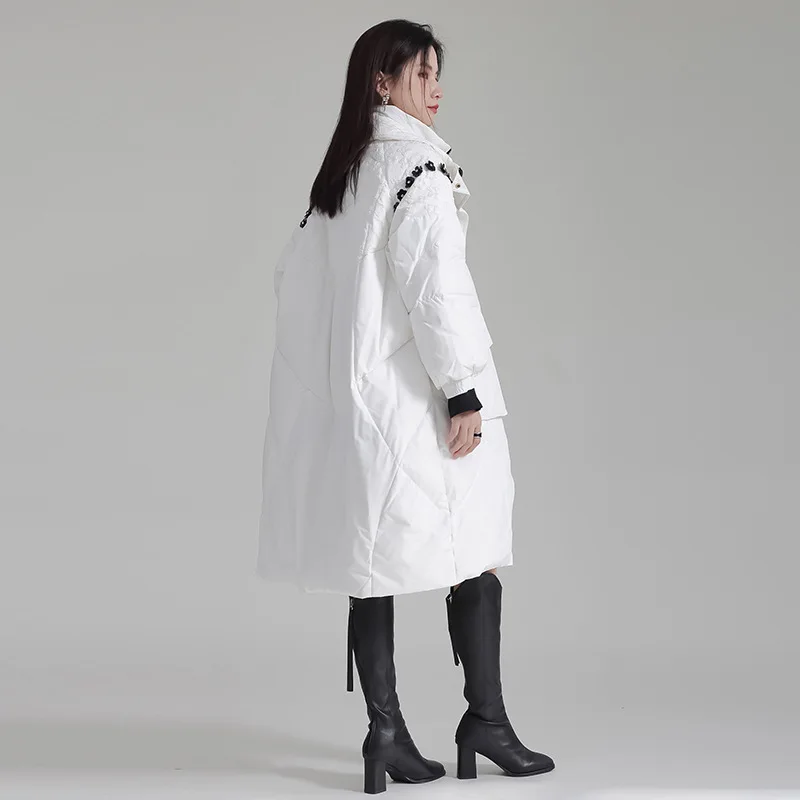 Down Jacket Beaded Applique Decoration Fake Two-piece Winter Contrasting Colors Thickened Mid Length Jacket for Women