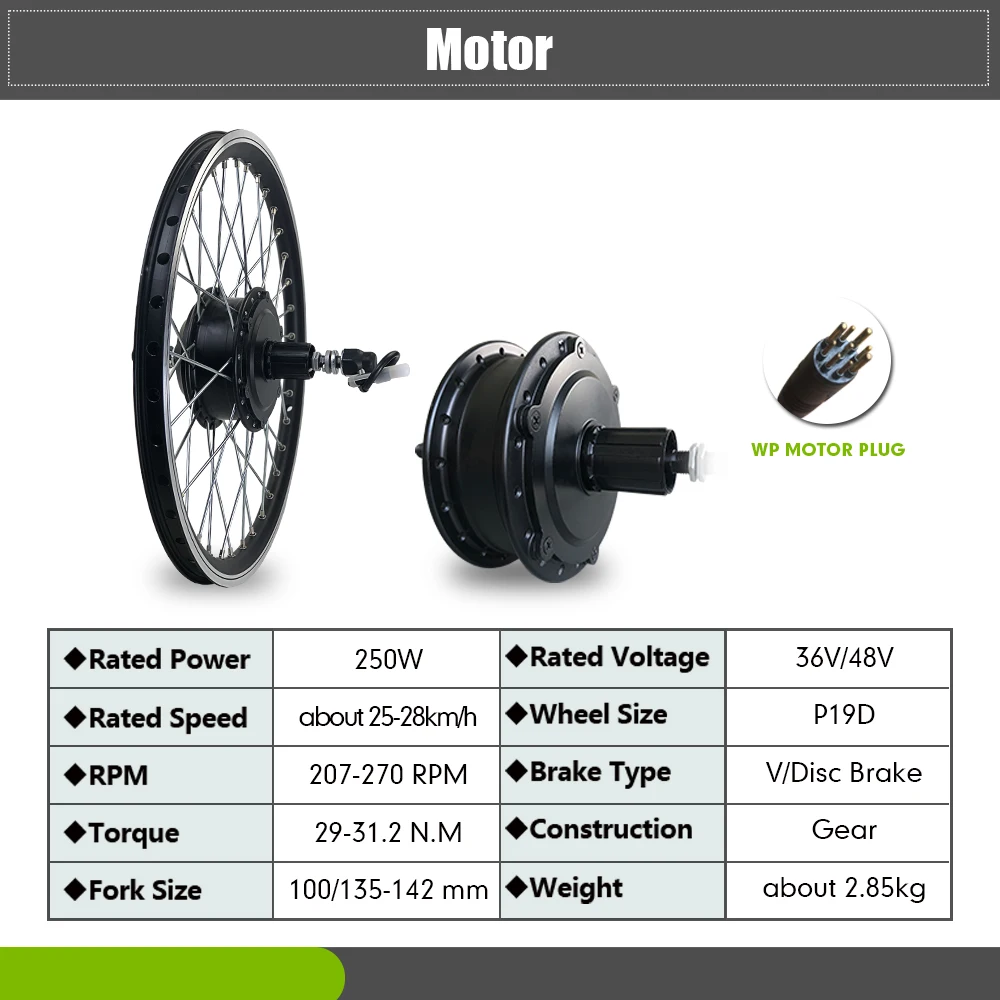 250W Ebike Front Rear Rotate/Cassette Motor Waterproof Conversion Kit with 16 20 24 26 27.5 28 29 Inch 700C for Electric Bicycle