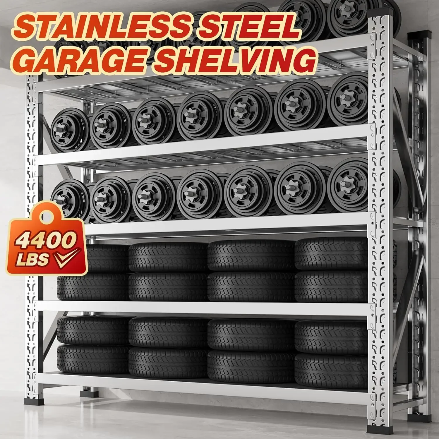 78"W Garage Shelving 4400LBS Heavy Duty Garage Shelving Units and Storage Adjustable 5 Tier Stainless Steel Industrial Shelves 3