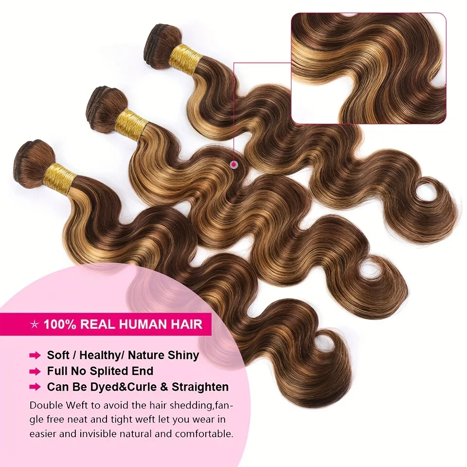 Sophianna 4/27 Highlighted Body Wave Human Hair Bundles Honey Blonde 100% Human Hair Braided Wigs Weave Bundles 18 to 38 Inch