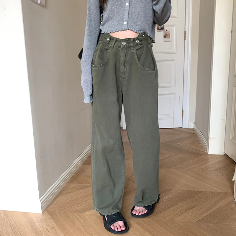 

Women Autumn Winter New Vintage Green Jean Streetwear High Waisted Trousers Wide Leg Straight Cylinder Mopping Lady Denim Pants