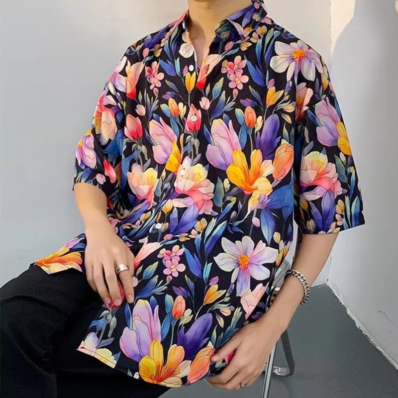 Summer Men Loose Shirt Tulip Floral Printed Blouses For Male Short Sleeve Shirts Top Vacation Clothes Fashion Streetwear