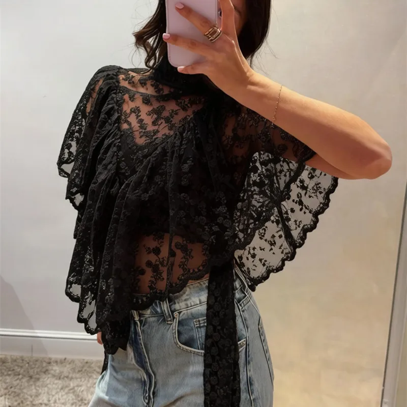 Women's Black Floral Lace Embroidered Sheer Asymmetric Shawl Top — photo 1