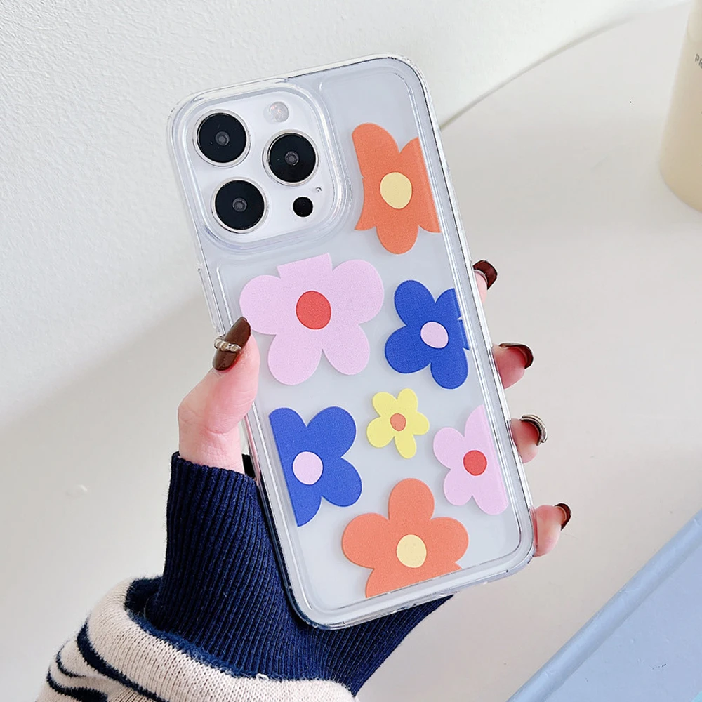 Coque de téléphone à fleurs mignonnes de style coréen INS pour iPhone 15 14 12 13 11 Pro Max 14Plus 15Plus en silicone souple transparent résistant aux chocs_voghion.com