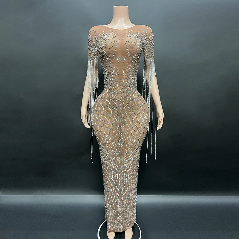 Transparent Long Diamond Dark Brown Party Dress Birthday Luxury Costume Fancy Brilliant Dancer Wedding Dress Impressive Dress 4