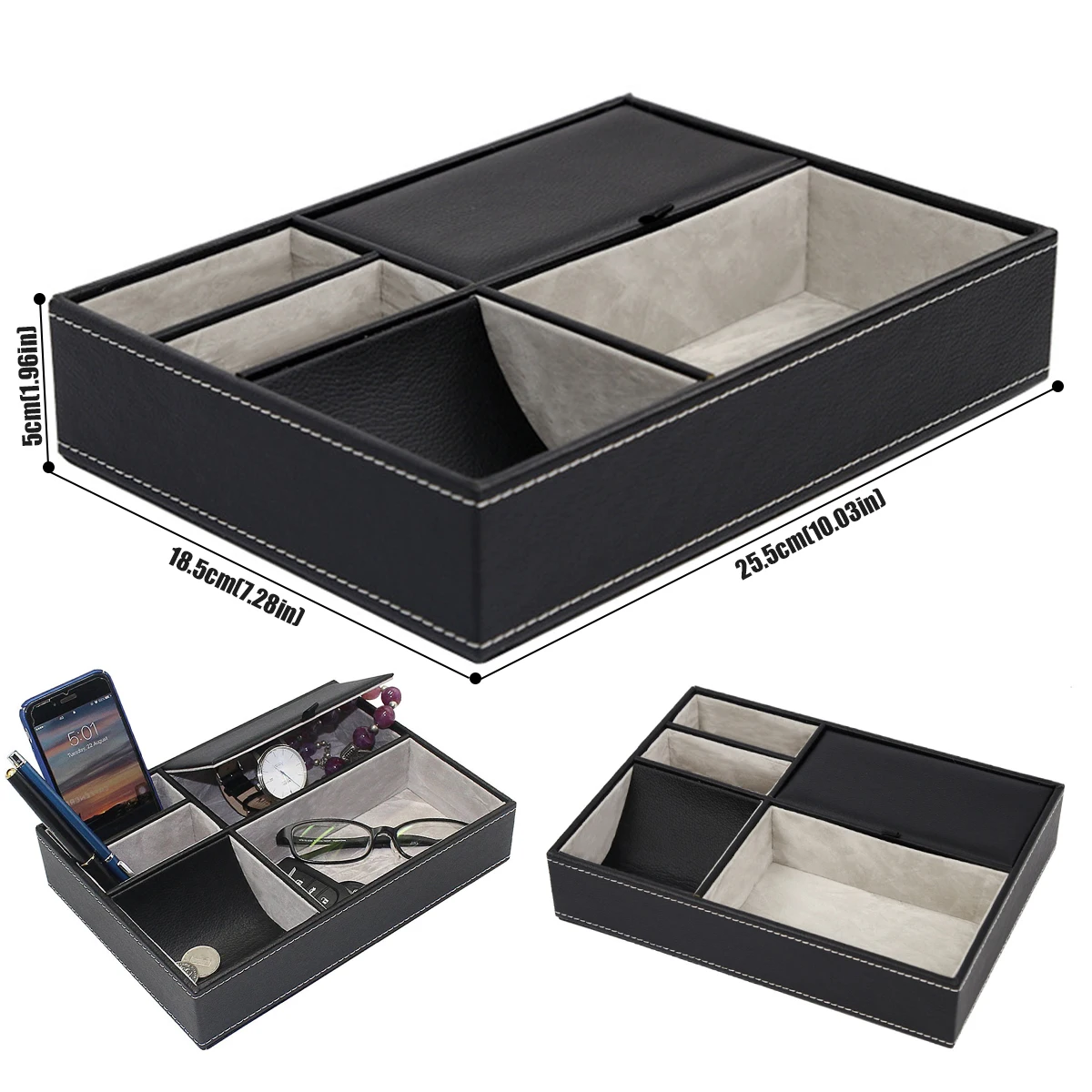 Faux Leather Men's Valet Tray with 5 Compartments Tray Organizer Durable Nightstand Organizer Dresser Box for Keys Wallet Glasse