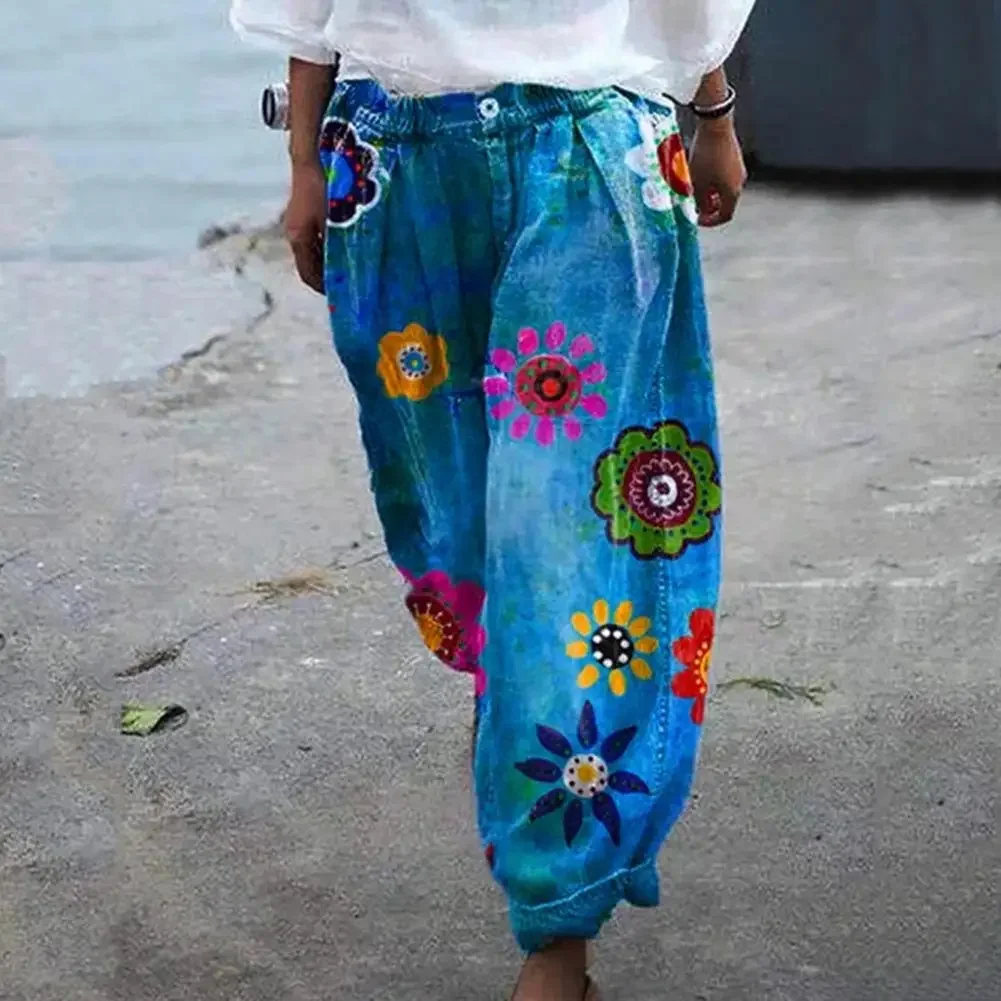 

Брюки женские с широкими штанинами и цветочным принтом, удобные дышащие штаны-фонарики с цветочным принтом, весна-лето
