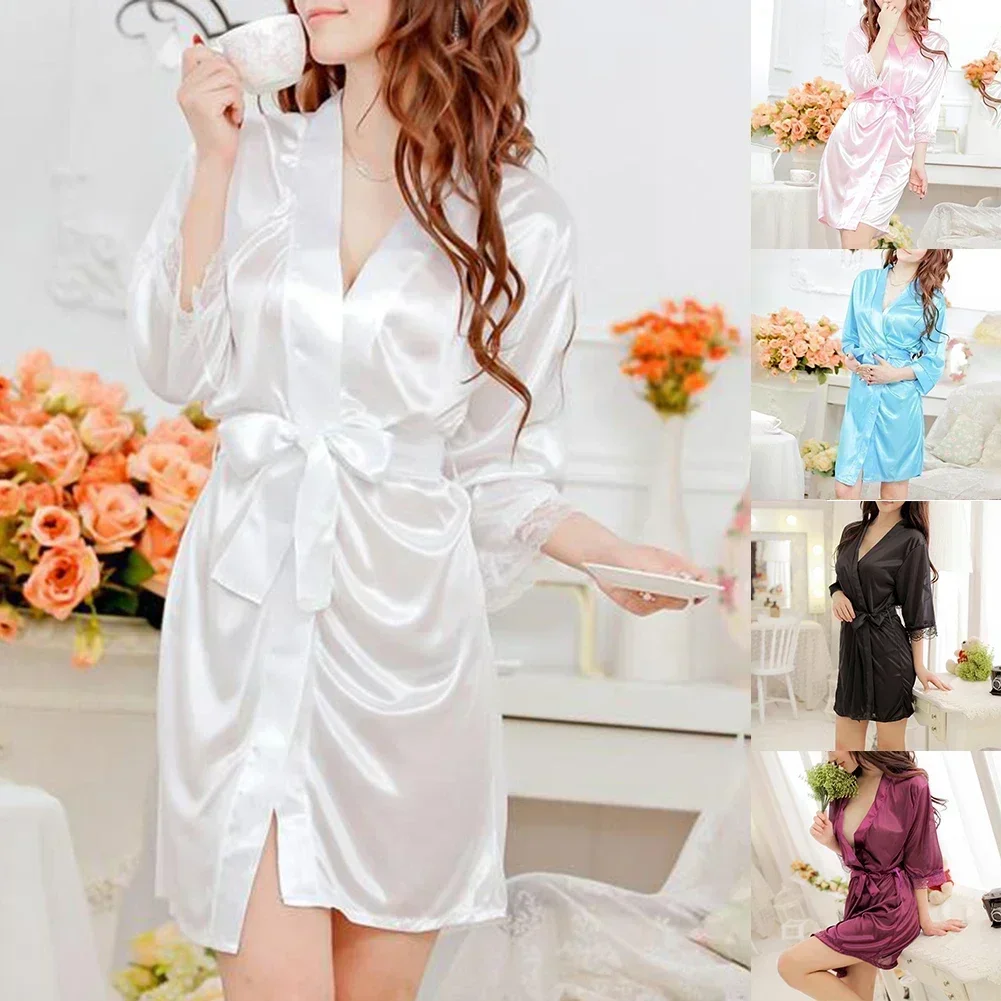 Silk Satin Nightdress For Women Night Robe Sexy Lingerie Soft Sleepwear Smooth Lace Robe Dress Nightgown Bathrobe Ladies Pajamas sleepwear lingerie,silk nightdress