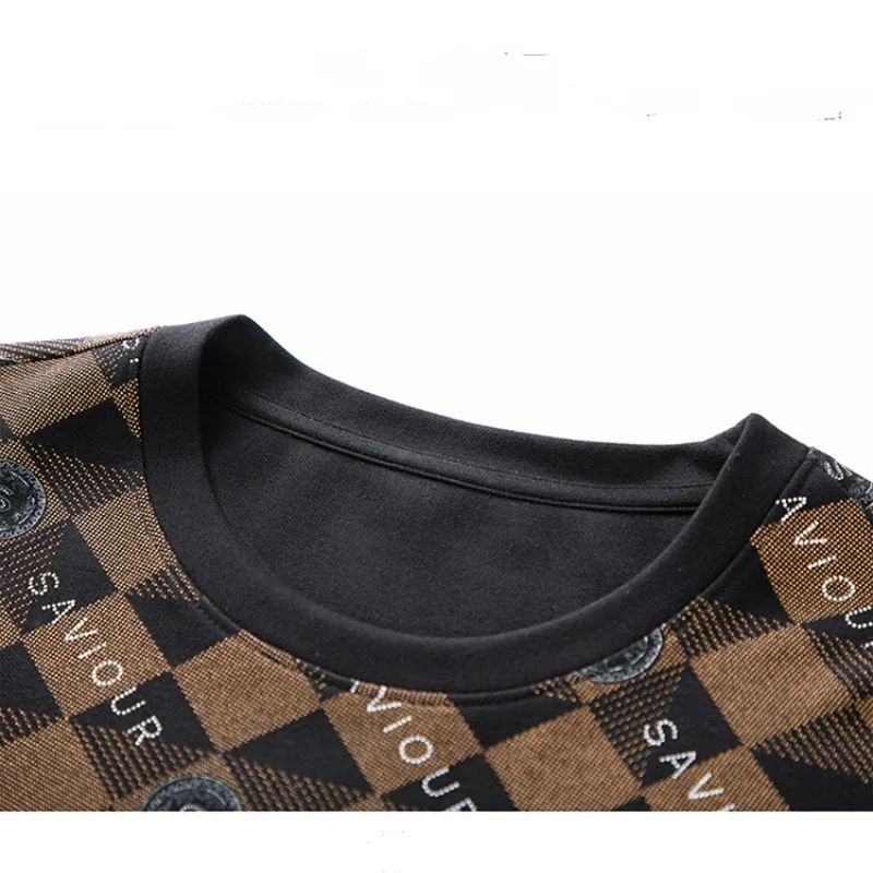 Spring and Autumn Men's Pullover Round Neck Plaid Contrast Letter Geometric Print Long Sleeve T-shirt Hoodies Office Lady Tops