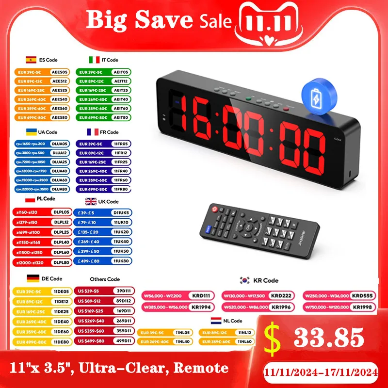 Gym Timer Interval Workout Clock for Home Garage Ultra-Clear 2 inch LED Digit Wall Clock with Remote 12.6"x 3.5" Count Down/Up