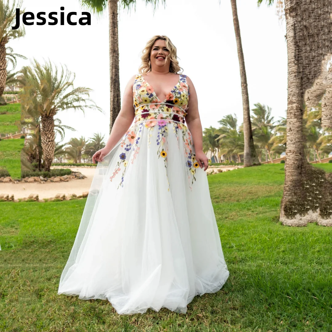 

Jessica Embroidery Flowers Wedding Dress Tulle Large Size Prom Dresses V-neck Bustier Graduate Party Dressese Vestidos De Fiesta