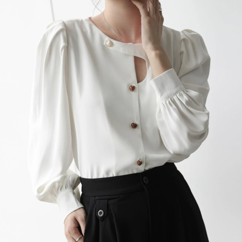 

Женские блузки, Элегантная модная женская одежда, шифоновые топы с круглым вырезом и блузки с длинным рукавом, однотонные топы на пуговицах, Прямая поставка