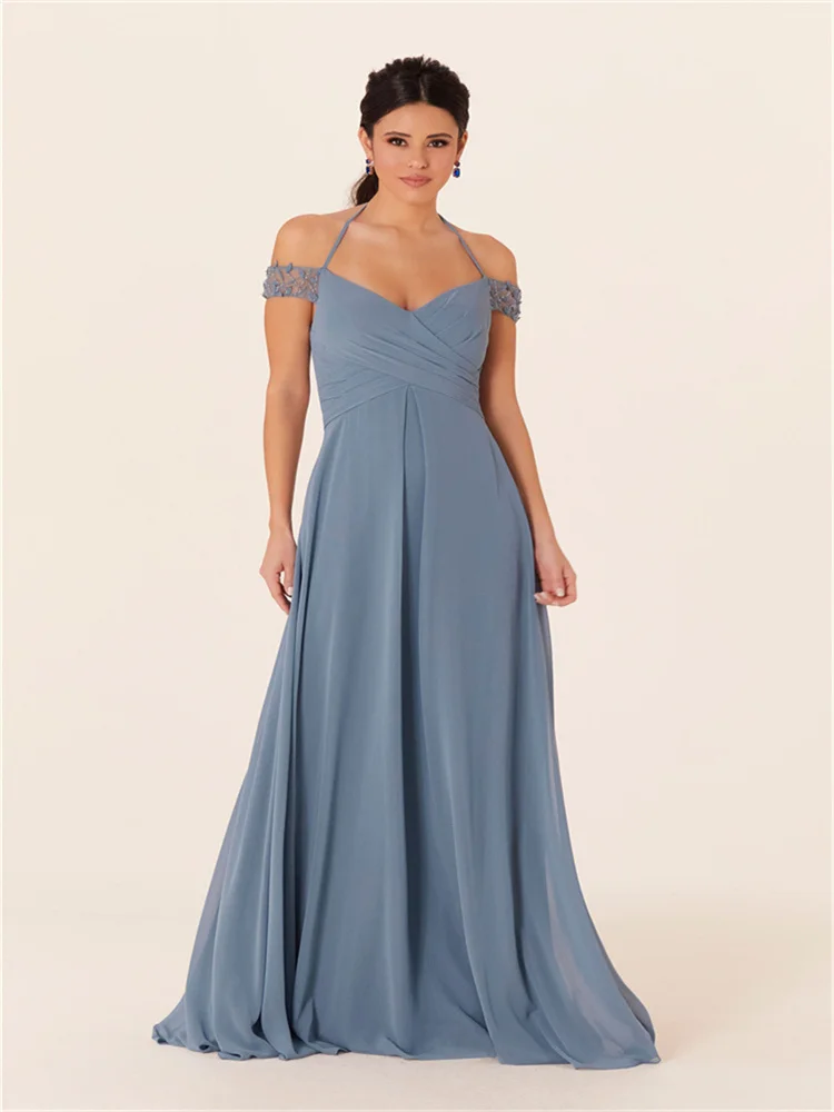 

A-Line Elegant Halter Off-The-Shoulder Sleeveless Chiffon Floor Length Bridesmaid Dresses With Appliqués for Weddings Guest