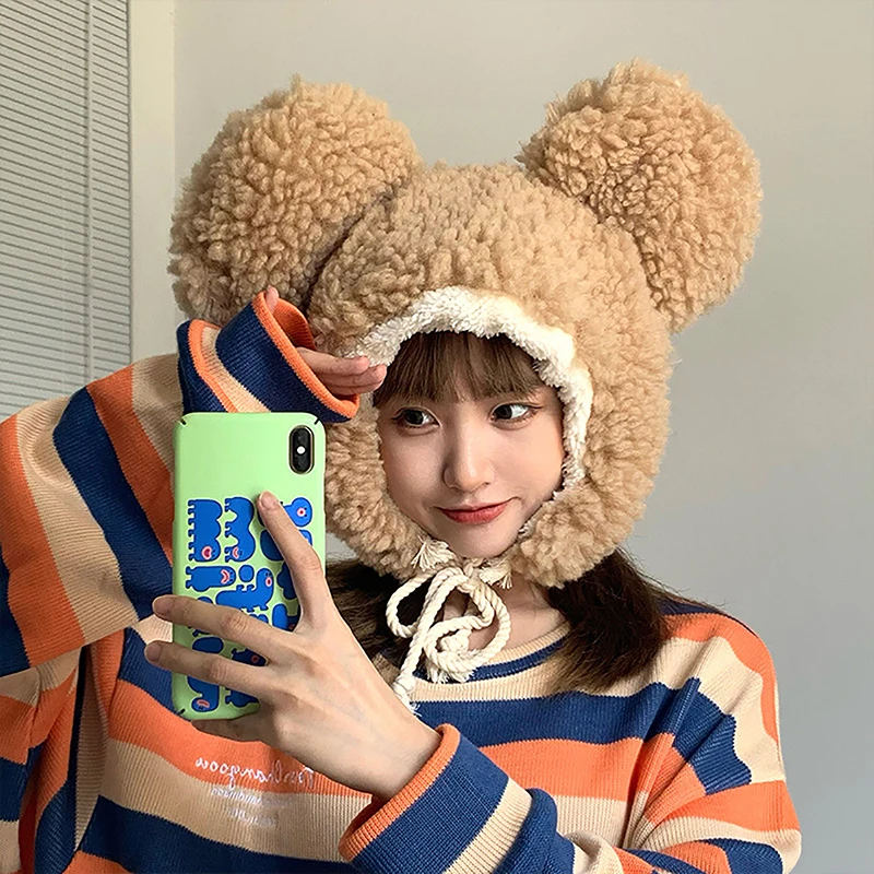 

Cute Big-ear Bear Cashmere Bomber Hats For Women Fluffy Hat With Ears Autumn Winter Kawaii Pullover Earmuffs Keep Warm Cap