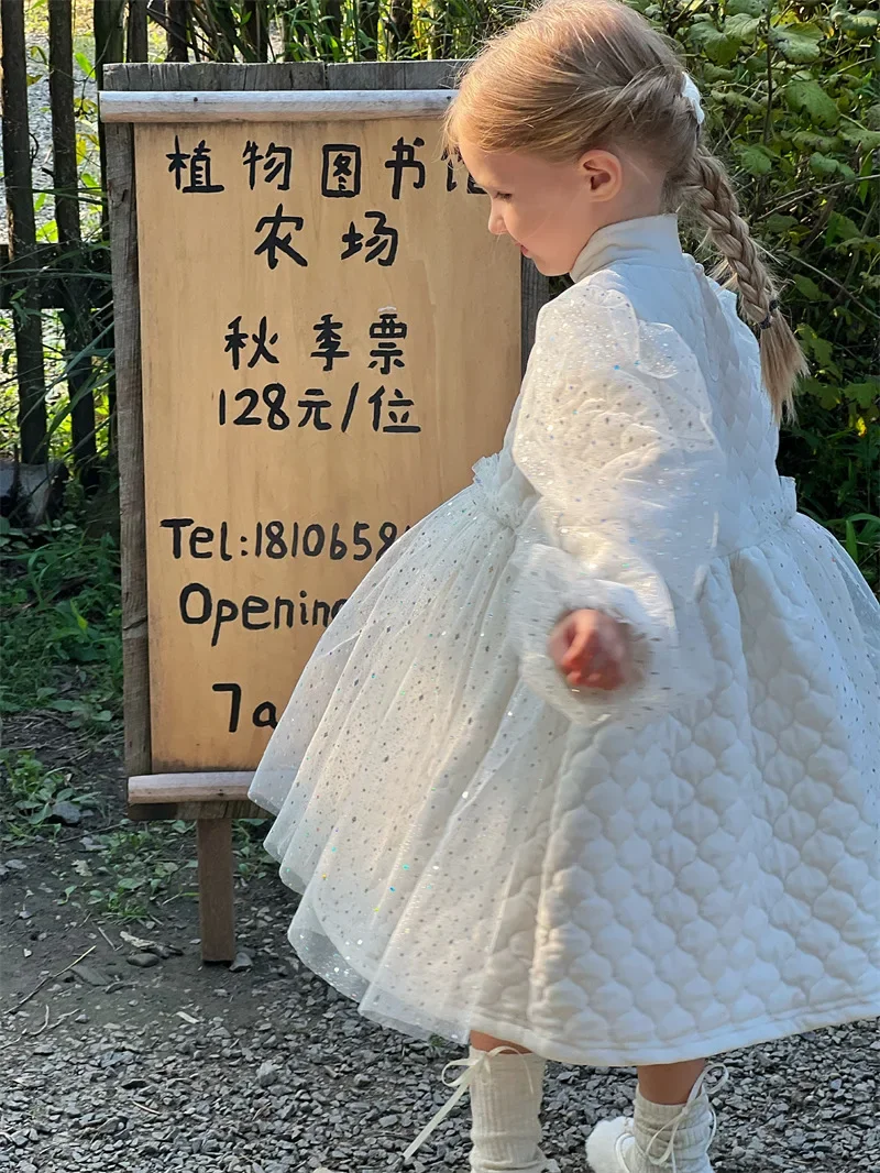 

Girls Casual Dresses Cotton Clip Velvet Puff Sleeve Mesh Yarn 2023 Princess Birthday Party Round Collar Soild Puff Sleeve