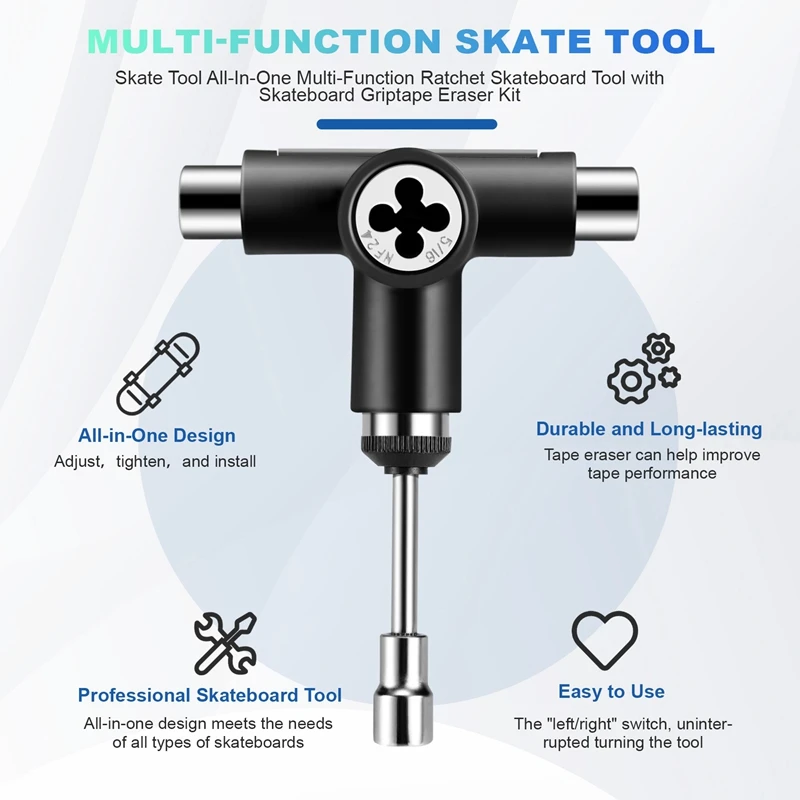 

Skate Tool All-In-One Multi-Function Ratchet Skateboard Tool With Skateboard Griptape Eraser Kit