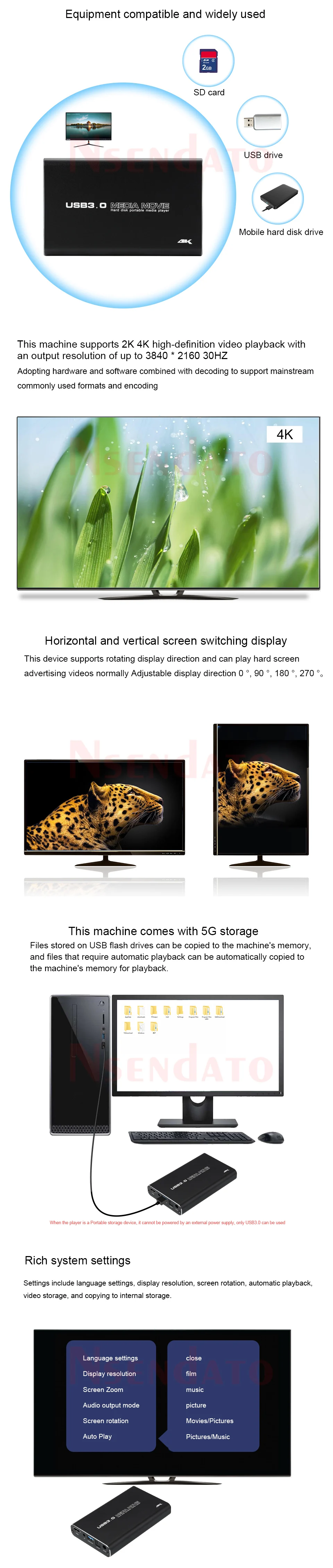4K Full HD H.265 MKV USD3.0 HDD Media Player Center with Auto Play For USB OTG S