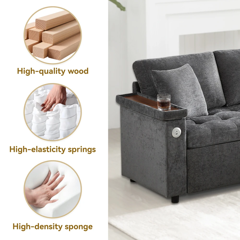 Wohnzimmer L-förmiges Sofa mit Ausziehbett, Ausgestattet mit Stauraum, USB-Ladegerät, Armlehnen-Stauraum und 2 Kissen – Detail 30