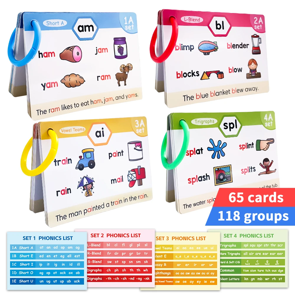 65Pcs Phonics Flashcards Set 20 Phonic Stages Cards Learn to Read for Kids Kindergarten Primary School Learning Aids Montessori 2