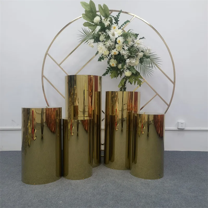 

7PCS Shiny Gold Wedding Favors Display Table Cylinder Pillar Stand Cake Bar Dessert Holder Birthday Party Column Flower Arch