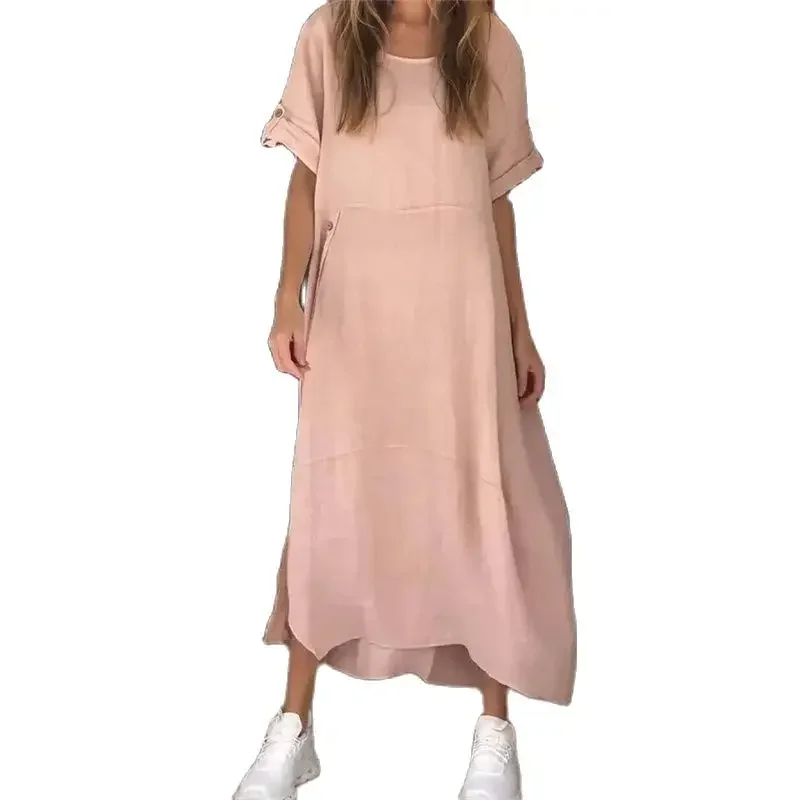 

Women Side Single-breasted Splicing Hem Dresses Solid Color Cotton Linen Loose Dress Female O Neck Pullover Short Sleeve Gown 24