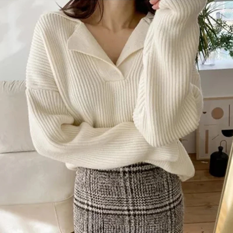 

Vintage Long Sleeve Pullover Loose Sweater Casual Simple Women Lapel Knitted Sweaters Autumn Winter Jumper Pit Striped Top 29290