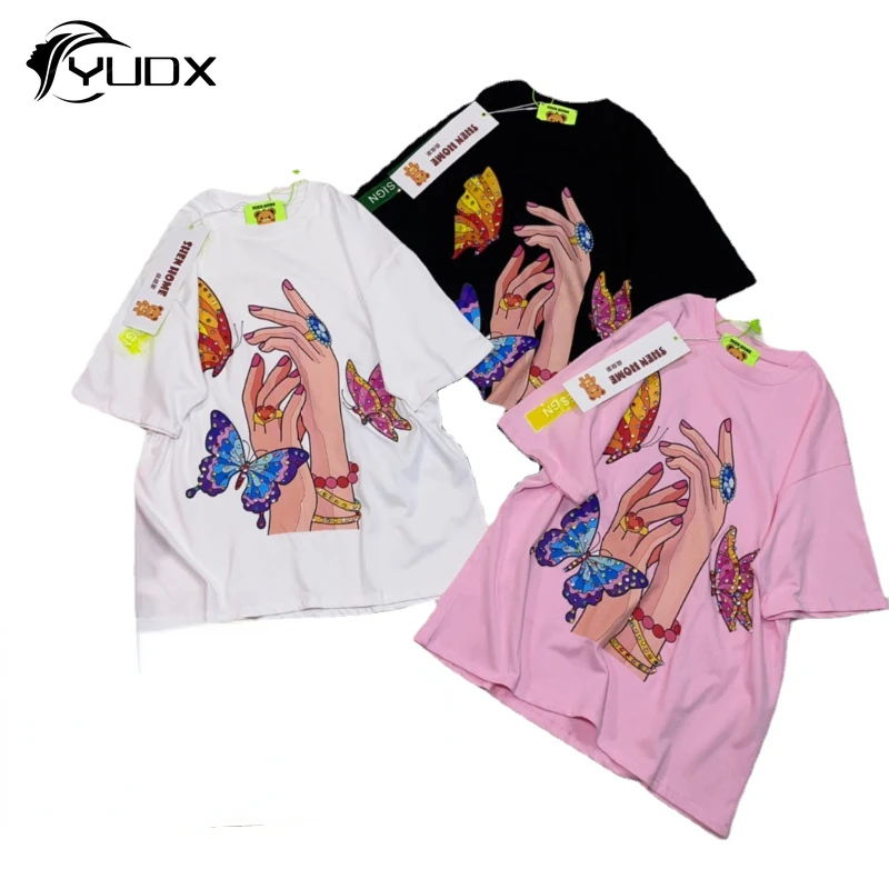 

YUDX Original 2024 New Spring Summer Short Sleeve T-shirt Trendy Butterfly Printed Beads Loose Pullover Top O-neck Casual Tees